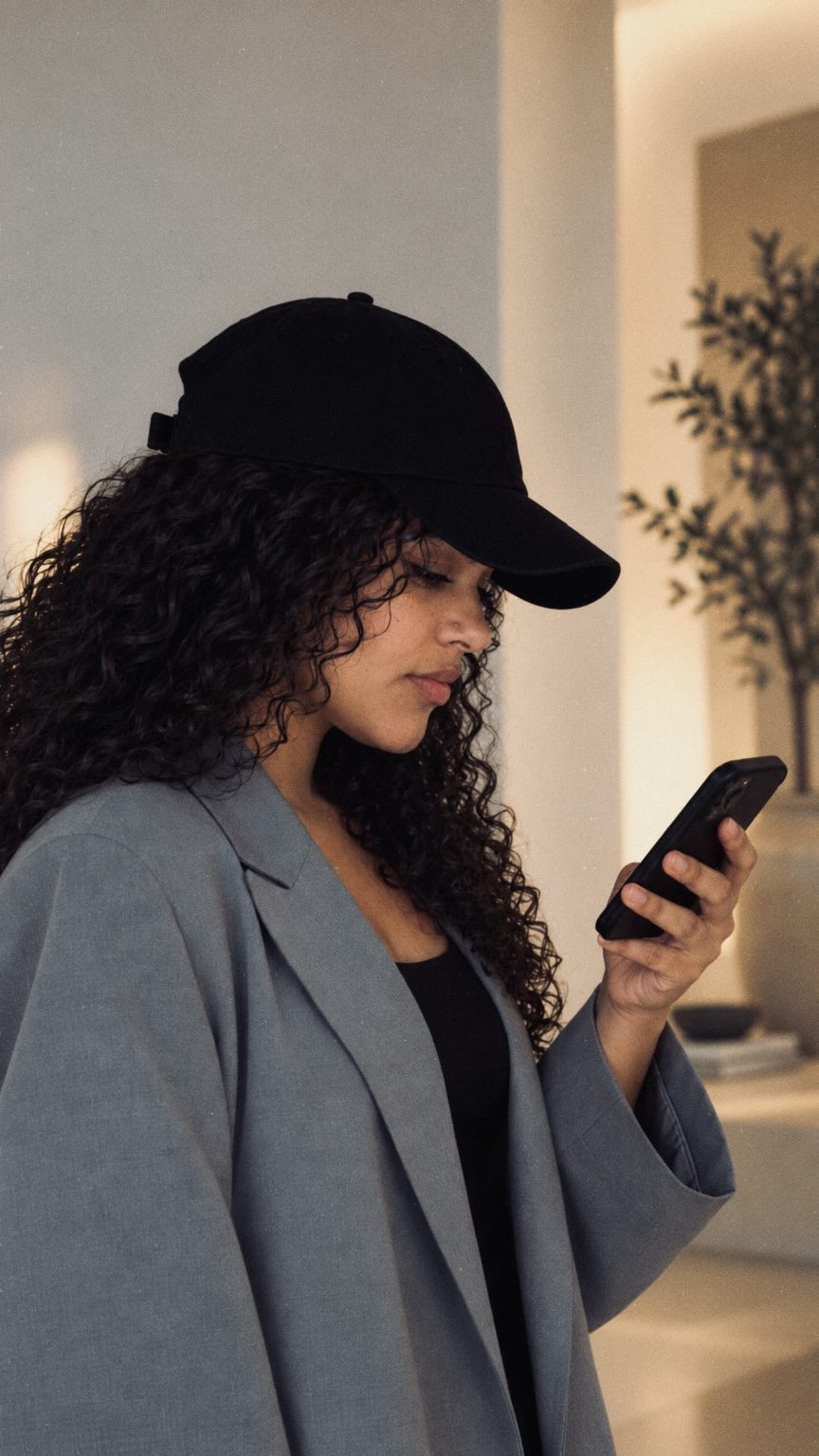 Ana Carvalho, de boné preto e blazer cinza, olhando o celular